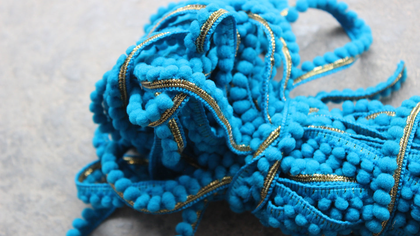 Turquoise Indian Borders and Laces Dyed Pom Pom Trim from India Pom Pom Tassel Indian Trim by the Yard Polyester Bohemian Dupatta Lace Trim