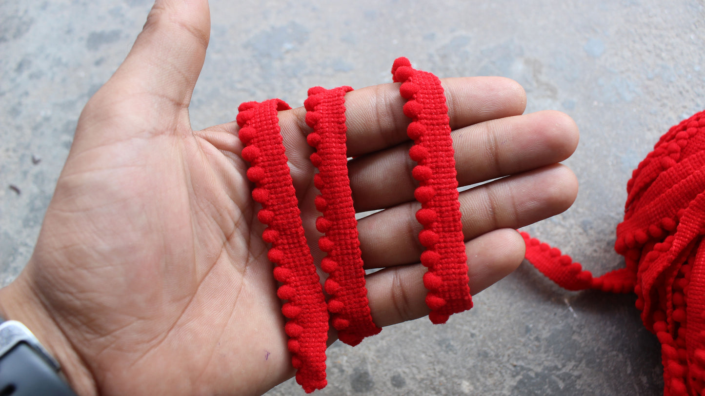 Red Indian Borders and Laces Dyed Pom Pom Trim from India Fringe Indian Trim by the Yard Polyester Bohemian Dupatta Lace Trim