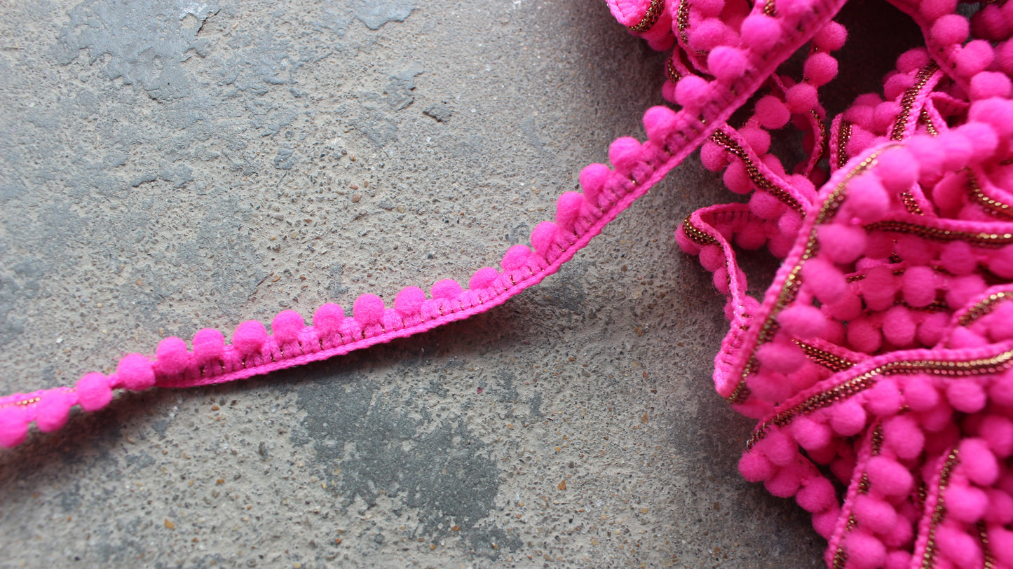 Pink Indian Border Trim Dyed Pom Pom Trim Lace Dori Trim by Yard Polyester Ethnic Festivals Embellished Border Bags Sewing Fabric Lace Trim