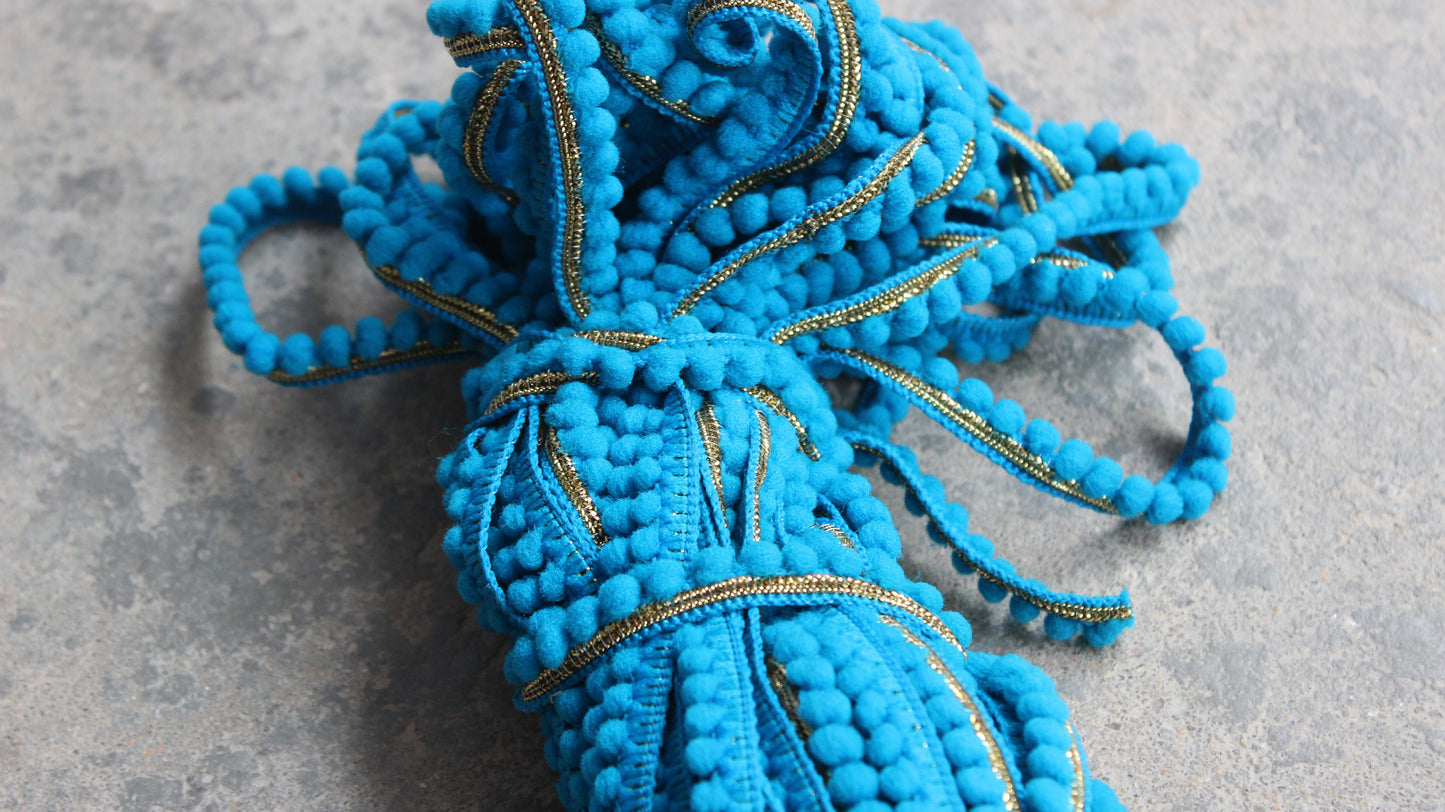 Turquoise Indian Borders and Laces Dyed Pom Pom Trim from India Pom Pom Tassel Indian Trim by the Yard Polyester Bohemian Dupatta Lace Trim