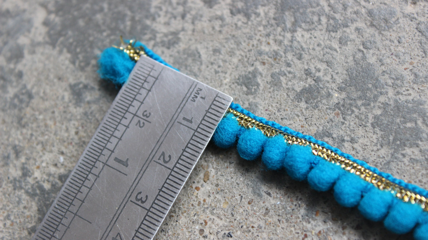 Turquoise Indian Borders and Laces Dyed Pom Pom Trim from India Pom Pom Tassel Indian Trim by the Yard Polyester Bohemian Dupatta Lace Trim