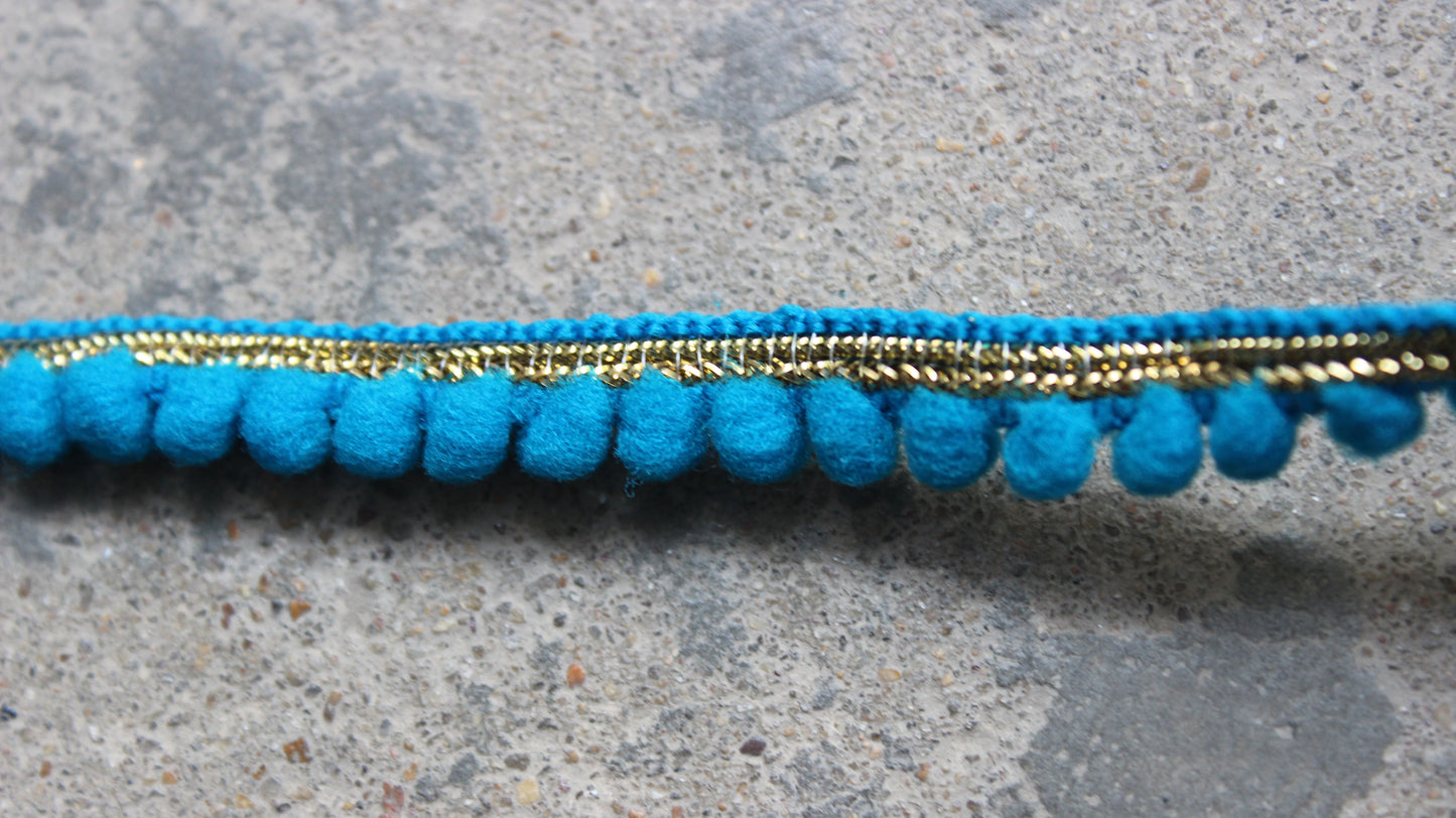 Turquoise Indian Borders and Laces Dyed Pom Pom Trim from India Pom Pom Tassel Indian Trim by the Yard Polyester Bohemian Dupatta Lace Trim