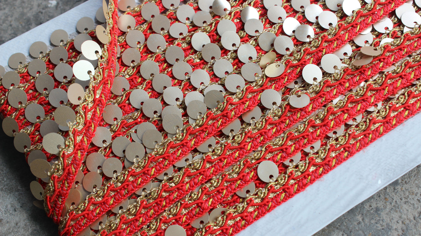 Red Indian Border Trim Thread Sequin Trim from India Ribbon Indian Trim by the Yard Polyester Boho Festivals Embellished Border Lace Trim