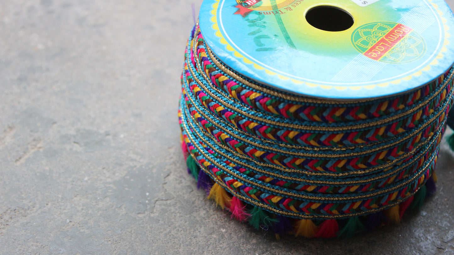 Turquoise Indian Trim and Border Colorful Trim from India Fringe Indian Trim by the Yard Polyester Boho Sari Embellished Border Lace Trim