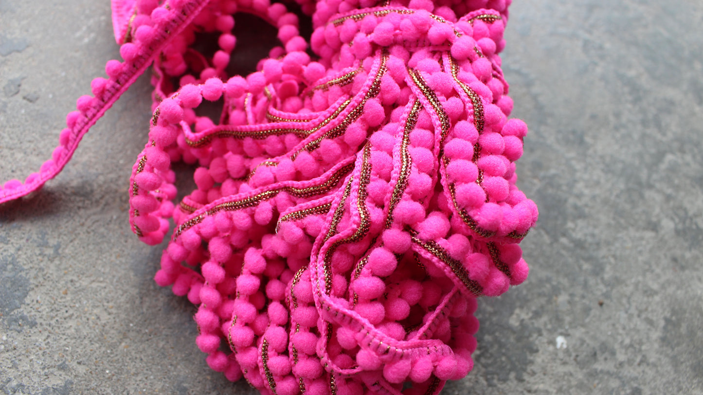 Pink Indian Border Trim Dyed Pom Pom Trim Lace Dori Trim by Yard Polyester Ethnic Festivals Embellished Border Bags Sewing Fabric Lace Trim