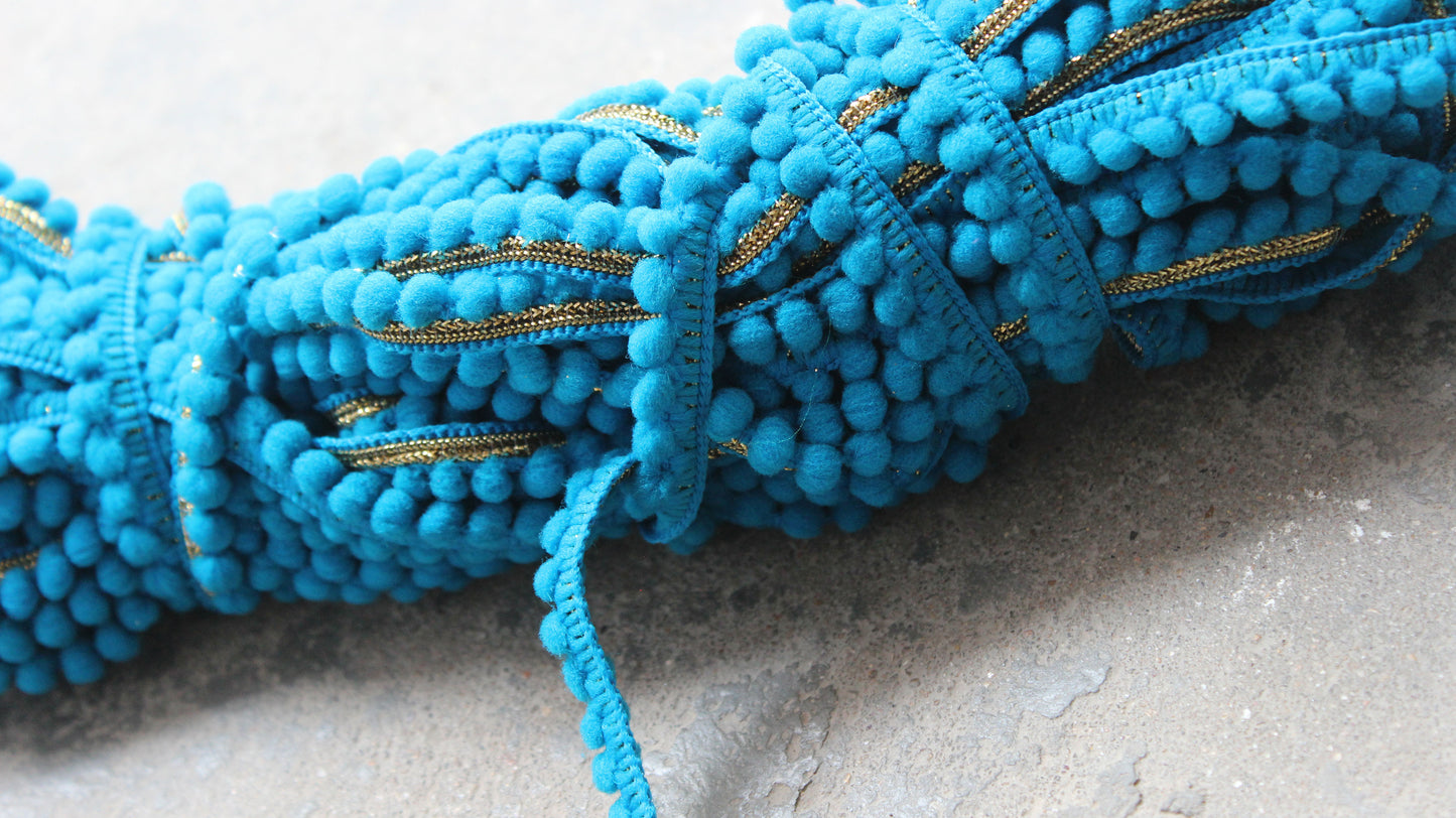 Turquoise Indian Borders and Laces Dyed Pom Pom Trim from India Pom Pom Tassel Indian Trim by the Yard Polyester Bohemian Dupatta Lace Trim