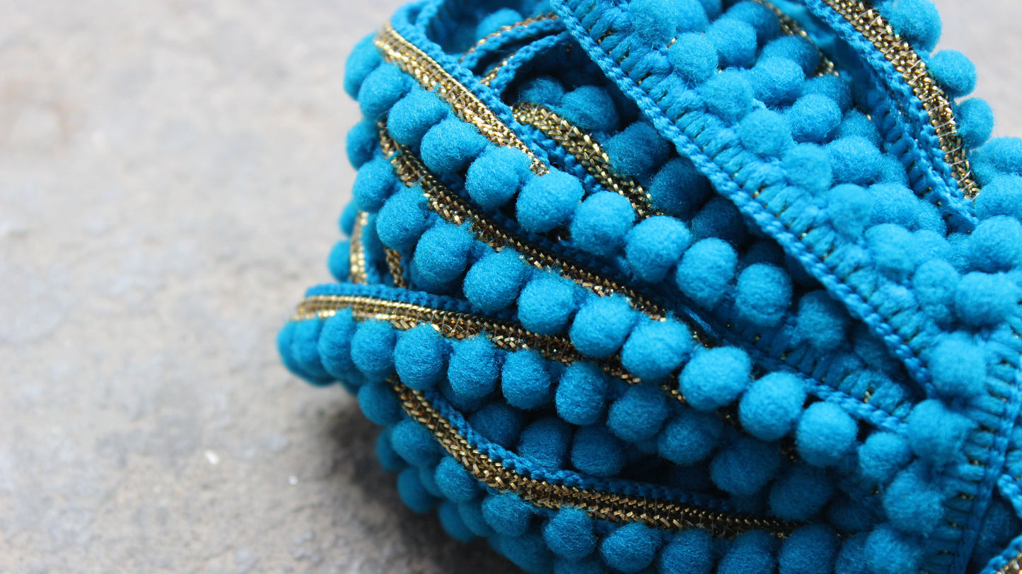 Turquoise Indian Borders and Laces Dyed Pom Pom Trim from India Pom Pom Tassel Indian Trim by the Yard Polyester Bohemian Dupatta Lace Trim