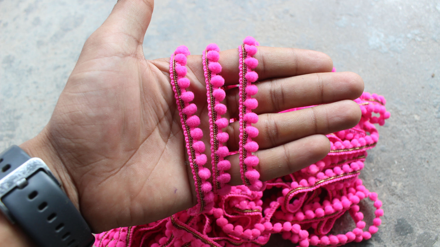 Pink Indian Border Trim Dyed Pom Pom Trim Lace Dori Trim by Yard Polyester Ethnic Festivals Embellished Border Bags Sewing Fabric Lace Trim