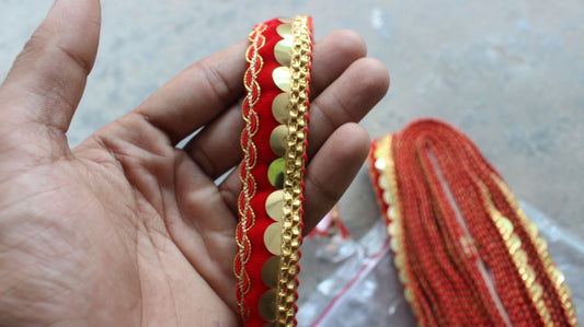 Red Indian Border Trim Gotta Sequin Trim Lace Lace Ribbon Indian Trim by the Yard Silk Boho Bridal Dress Embellished Lace Trim Lace