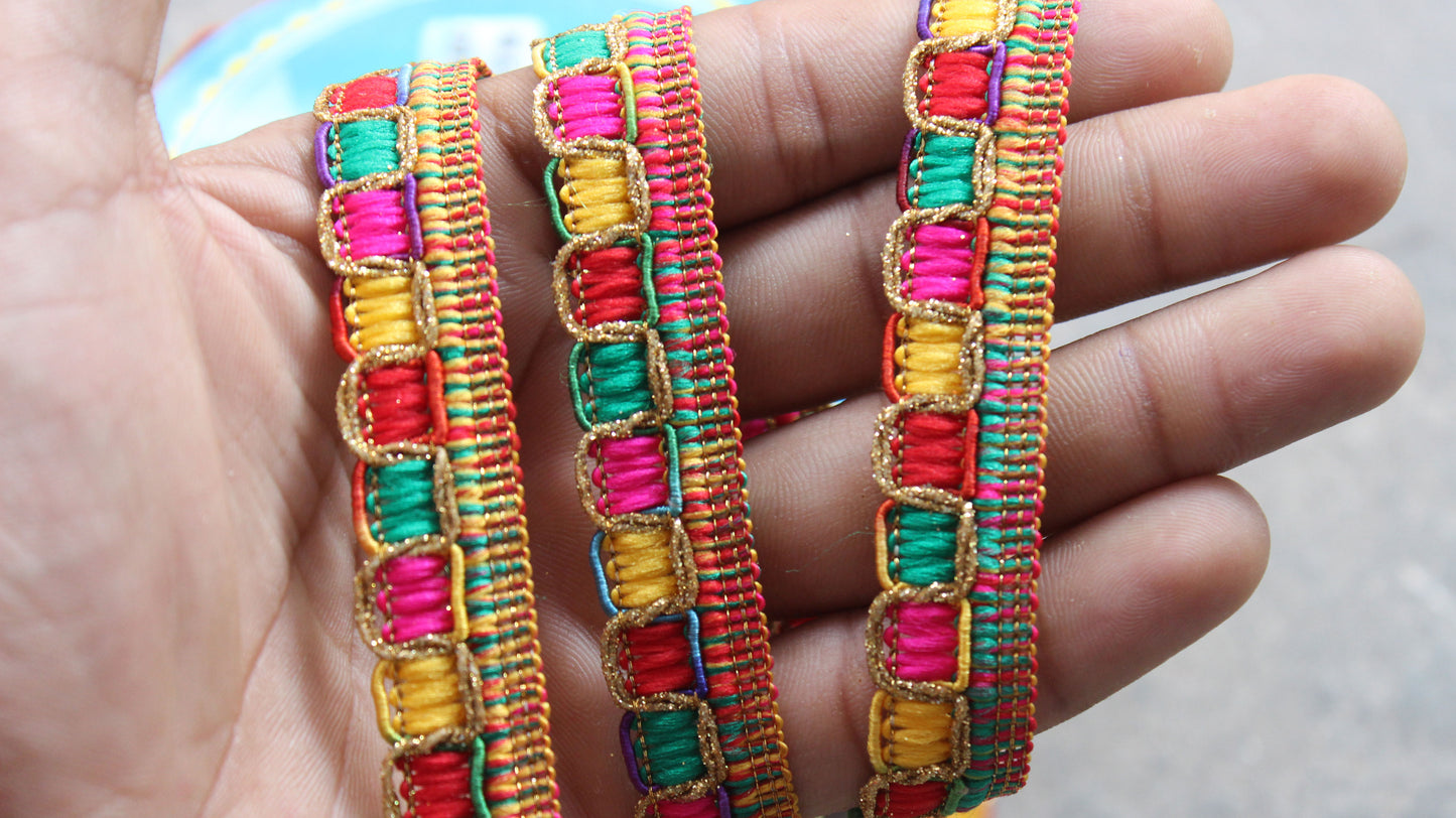 Rainbow Indian Borders and Laces thread emroidered Trim from India Fringe Indian Trim by the Yard Polyester Ethnic Handbags Lace Trim