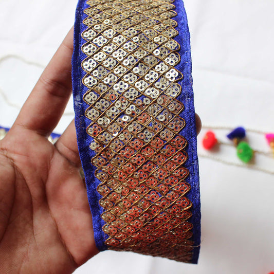 Blue Gold Indian Trim Geometric Trim Lace Sequin Embroidery Trim by Yard Silk Boho Dress Embellished Home Decor Trim Lace Gold Fabric Trim