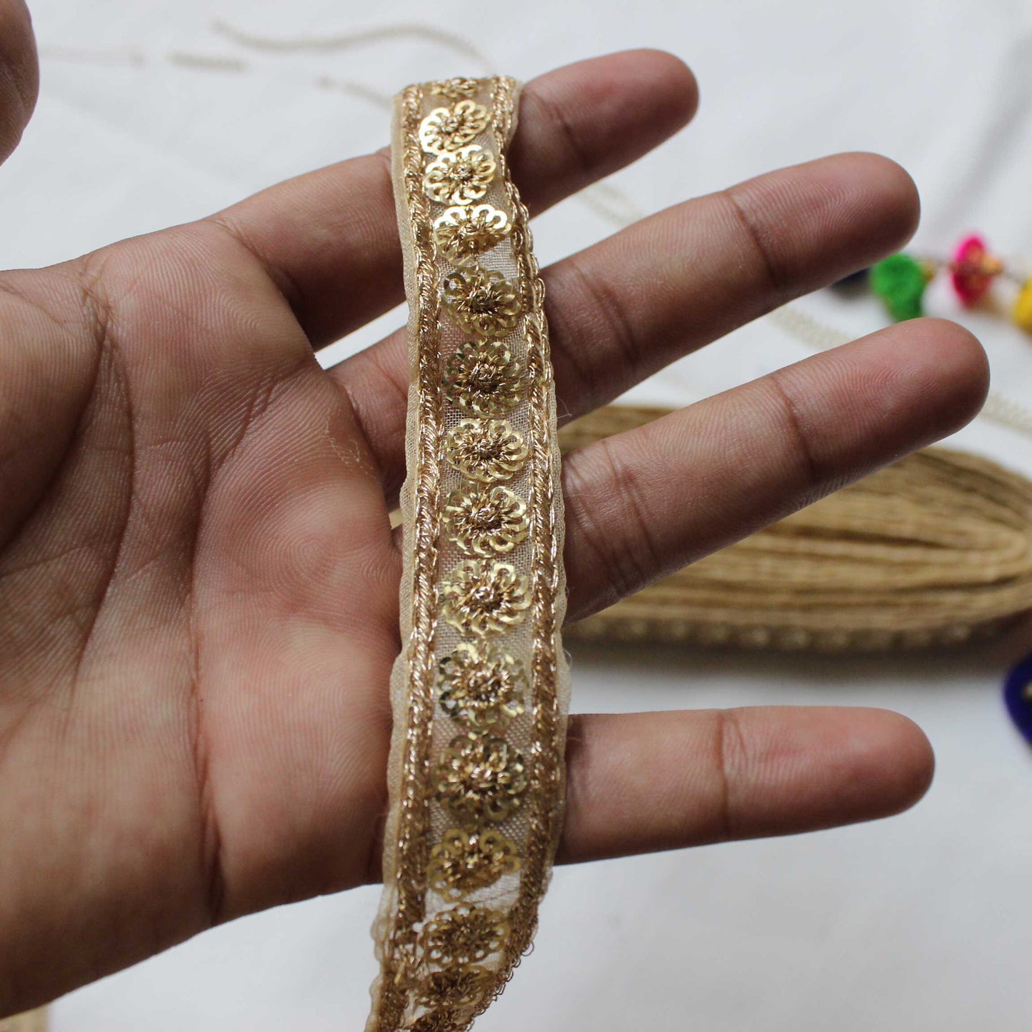 Golden Indian Border Sequin Work Trim Lace Floral Trim by Yard Net Ethnic Wedding Dress Embellished Border Trim For Curtain Lace Trim