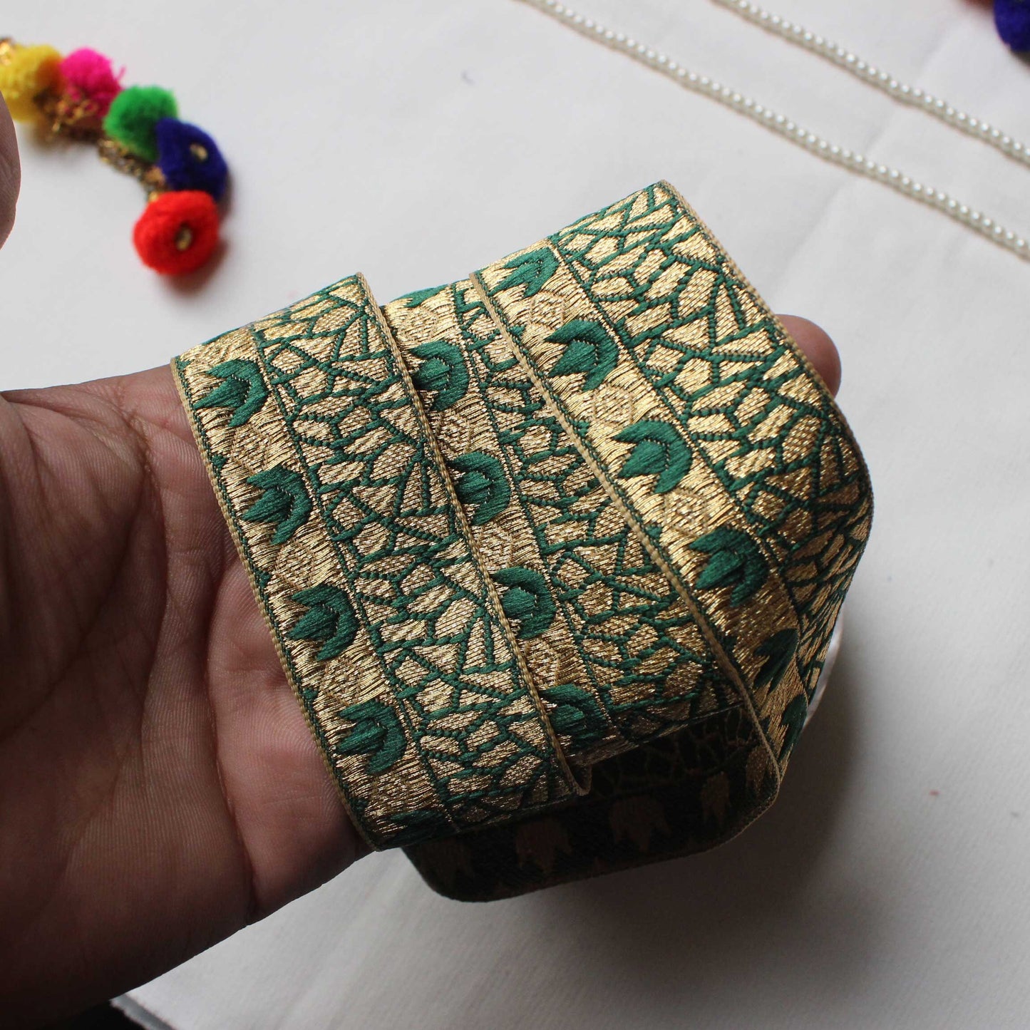 Green Indian Border Trim Brocade Trim From India Geometric Trim by Yard Silk Ethnic Blouse Embellished Border Trim For Curtains Trim Lace