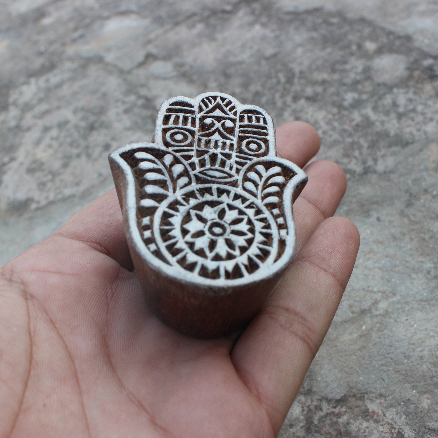 Hamsa Hand Block Stamp Indian Wood Block Stamp Spiritual Wood Stamp Carve Textile Printing Block For Printing Carve Block Soap Making Stamp