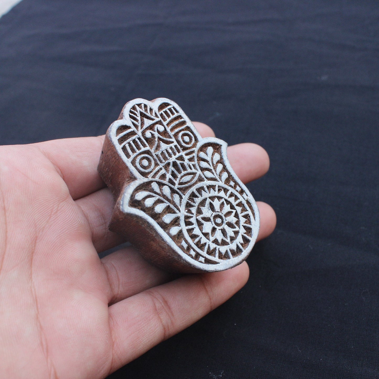 Hamsa Hand Block Stamp Indian Wood Block Stamp Spiritual Wood Stamp Carve Textile Printing Block For Printing Carve Block Soap Making Stamp