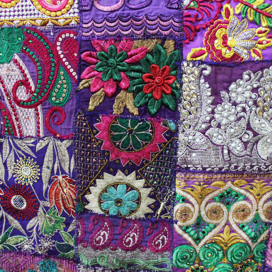 Purple Embellished Fabric By The Yard Embroidered Indian Fabric Boho Indian Textile Fabric Patchwork Vintage Sewing Project Recycled Fabrics