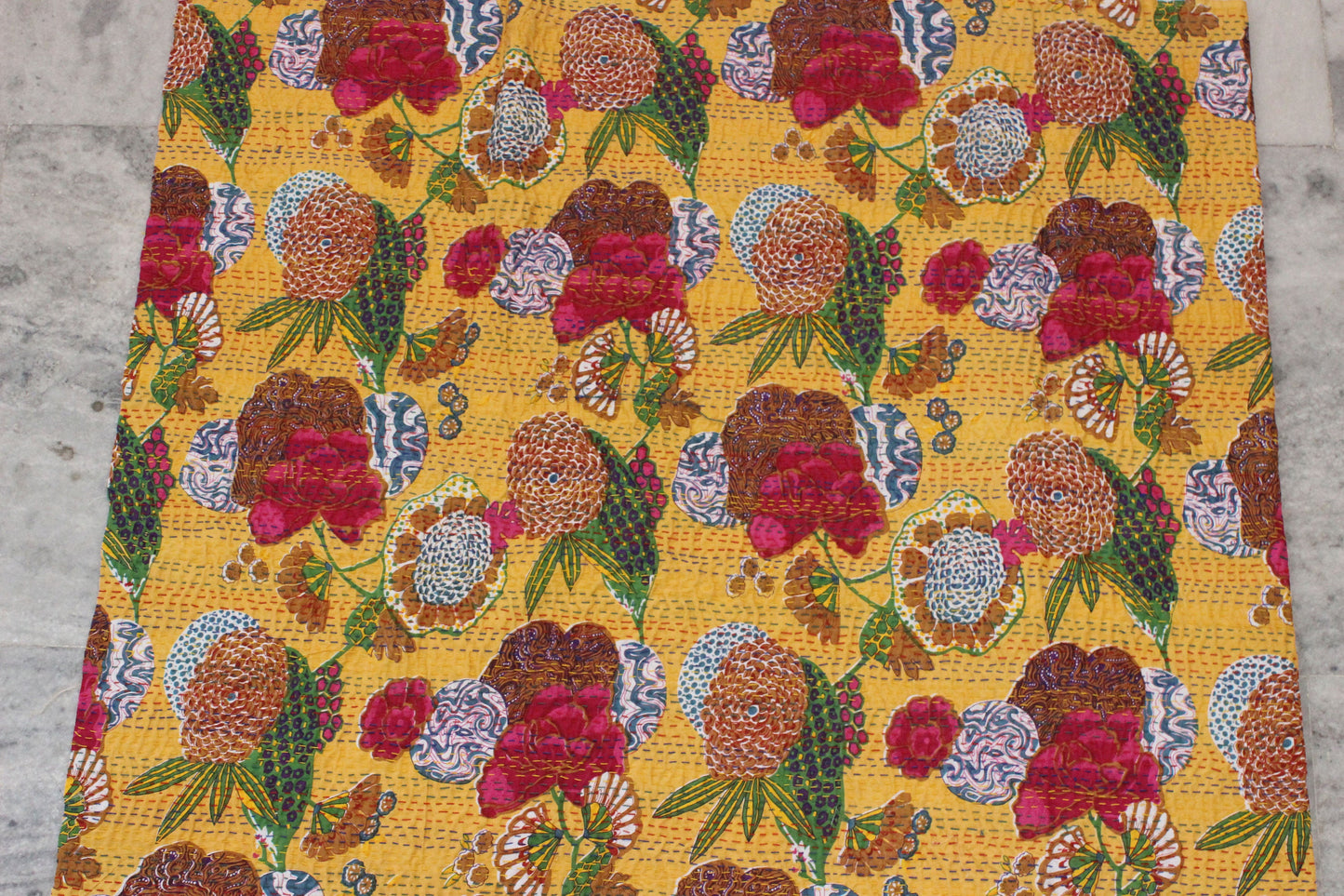 Yellow Boho Fabric By The Yard Floral Indian Fabric Bohemian Indian Textile Fabric Kantha Gypsy Fabrics Embroidered Printed Dress Fabric