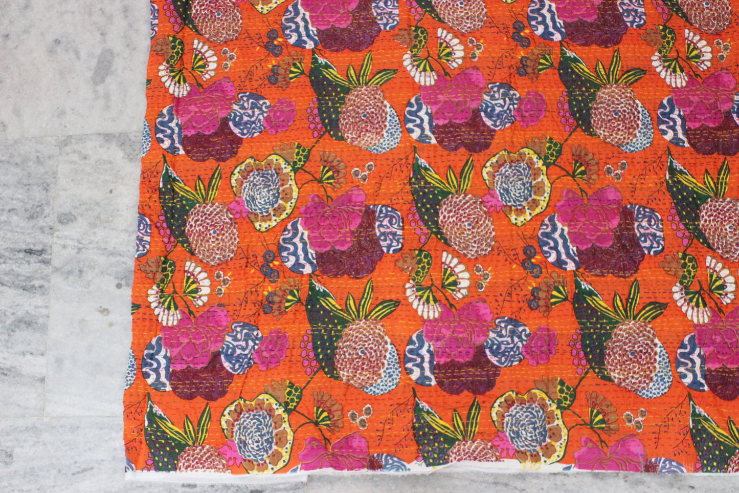 Orange Bohemian Fabric by the yard Embroidered Printed Home Decor Fabric Floral Indian Fabric Boho Indian Textile Fabric Kantha Fabrics