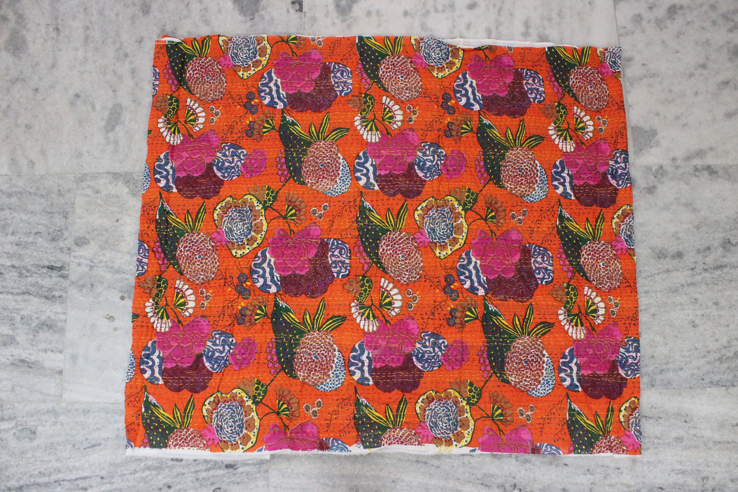 Orange Bohemian Fabric by the yard Embroidered Printed Home Decor Fabric Floral Indian Fabric Boho Indian Textile Fabric Kantha Fabrics