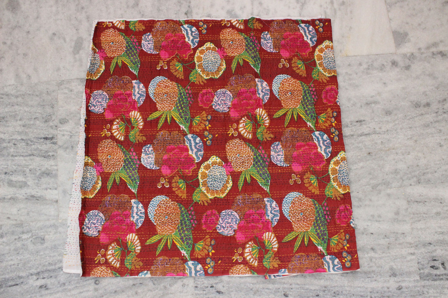 Maroon Boho Indian Fabric By The Yard Embroidered Indian Textile Fabric Embellished Fabric Floral Printed Home Decor Fabric Kantha Fabrics