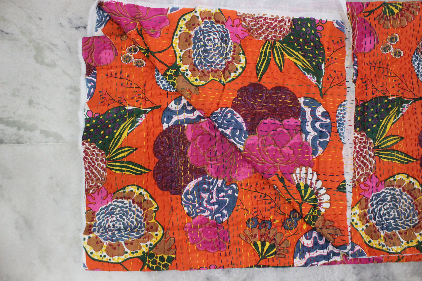 Orange Bohemian Fabric by the yard Embroidered Printed Home Decor Fabric Floral Indian Fabric Boho Indian Textile Fabric Kantha Fabrics