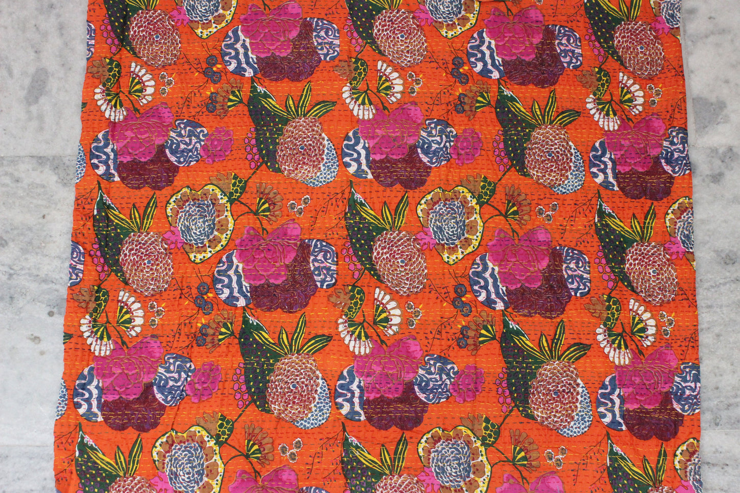 Orange Bohemian Fabric by the yard Embroidered Printed Home Decor Fabric Floral Indian Fabric Boho Indian Textile Fabric Kantha Fabrics