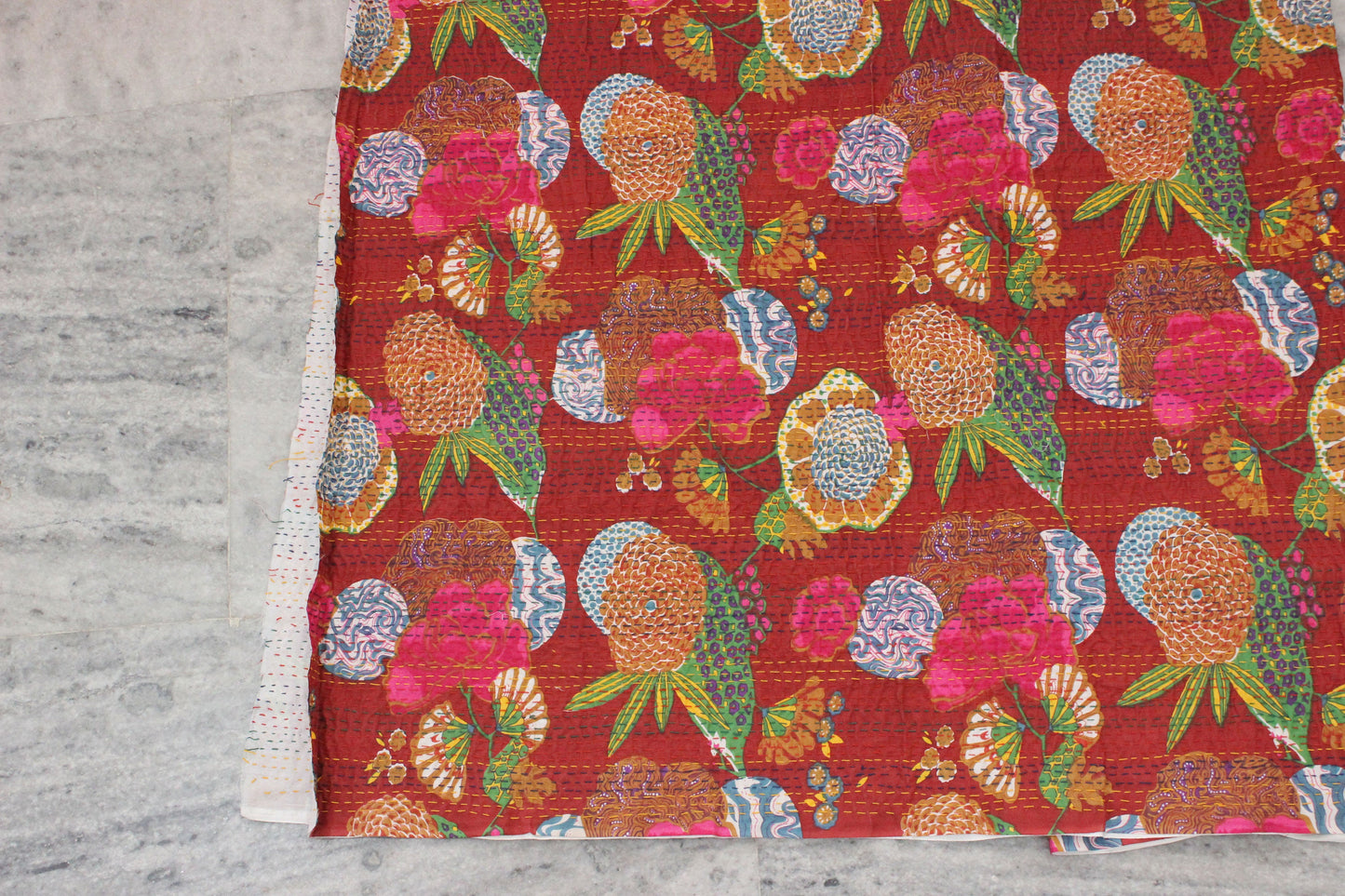 Maroon Boho Indian Fabric By The Yard Embroidered Indian Textile Fabric Embellished Fabric Floral Printed Home Decor Fabric Kantha Fabrics